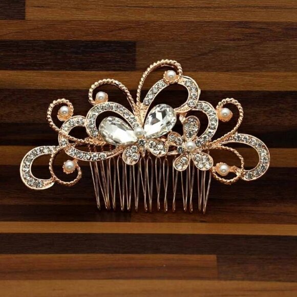 NEW Crystal Y2K gold rose Bridesmaid Headdress Bridal Hair Comb Clip